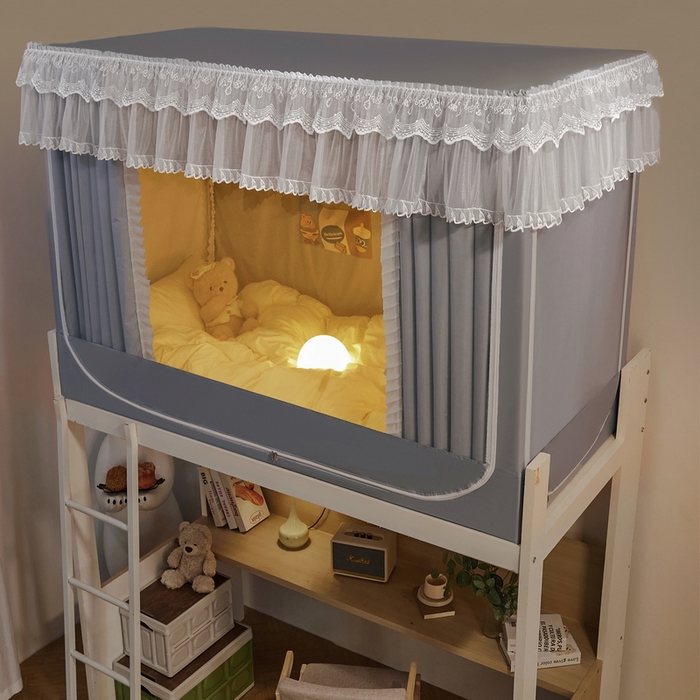 91家纺网 家纺一手货源 找家纺 夏彩 2025新款植绒布蕾丝绣花强遮光铁艺支架学生蚊帐-88625 88625-青术灰