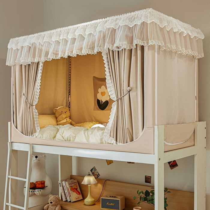 91家纺网 家纺一手货源 找家纺 夏彩 2025新款植绒布蕾丝绣花强遮光铁艺支架学生蚊帐-88625 88625-茶杏色