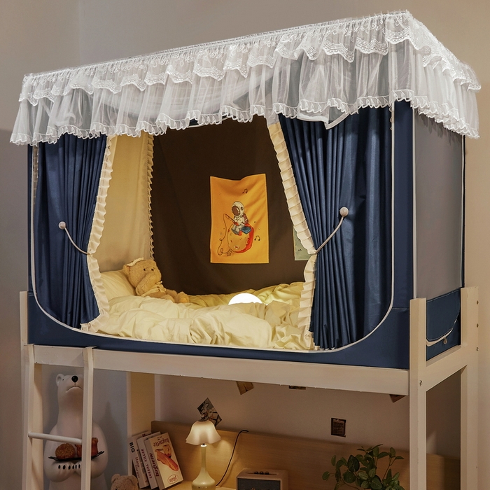 91家纺网 家纺一手货源 找家纺 夏彩 2025新款植绒布蕾丝绣花强遮光铁艺支架学生蚊帐-88625 88625-藏青色