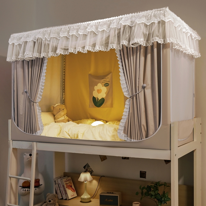 91家纺网 家纺一手货源 找家纺 夏彩 2025新款植绒布蕾丝绣花强遮光铁艺支架学生蚊帐-88625 88625-茶杏色