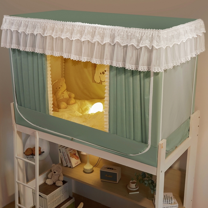 91家纺网 家纺一手货源 找家纺 夏彩 2025新款植绒布蕾丝绣花强遮光铁艺支架学生蚊帐-88625 88625-清新绿