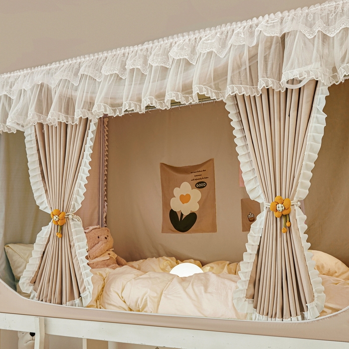 91家纺网 家纺一手货源 找家纺 夏彩 2025新款植绒布蕾丝绣花强遮光铁艺支架学生蚊帐-88625 88625-茶杏色