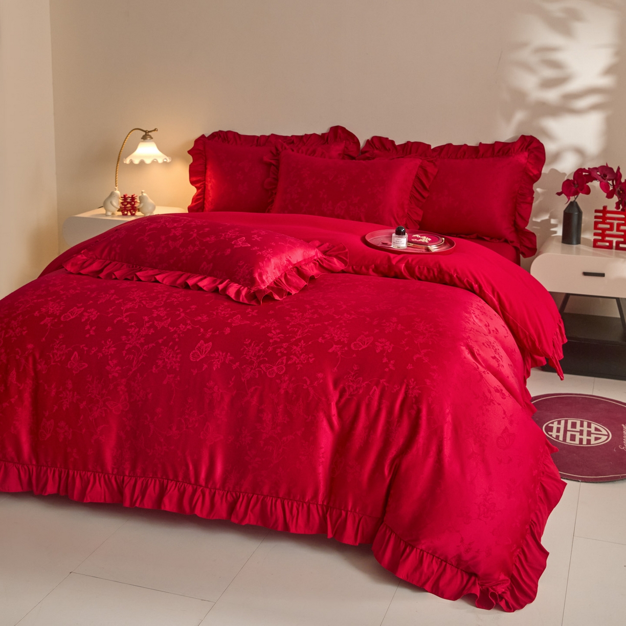 千希家纺 2025新款亲肤舒适亮丝提花婚庆系列四件套 花蝶