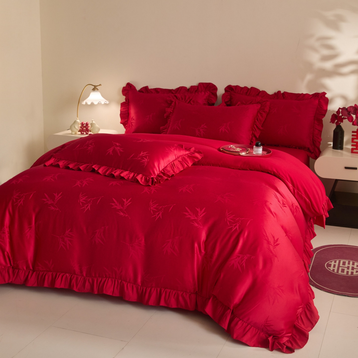 千希家纺 2025新款亲肤舒适亮丝提花婚庆系列四件套 竹影喜