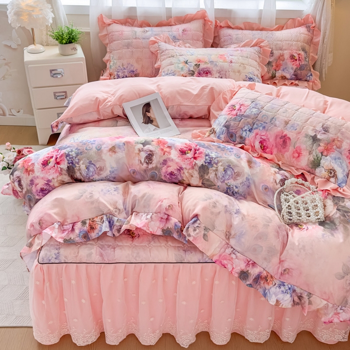 91家纺网 家纺一手货源 找家纺 （总）家之硕家纺 2025春夏新款鹿锦棉蕾丝花边夹棉四件套