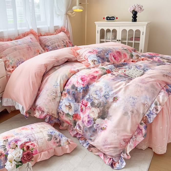 91家纺网 家纺一手货源 找家纺 （总）家之硕家纺 2025春夏新款鹿锦棉蕾丝花边夹棉四件套