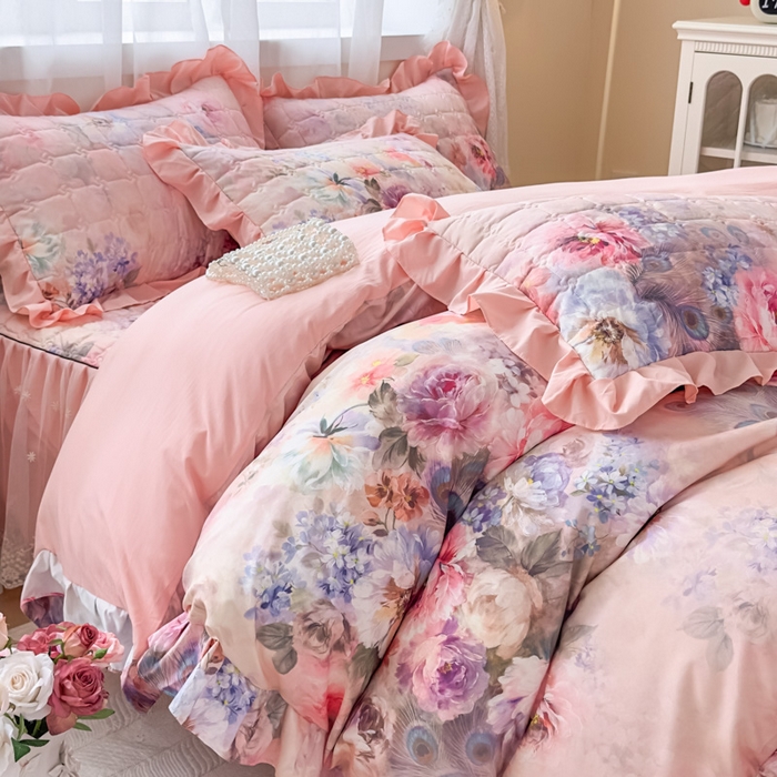 91家纺网 家纺一手货源 找家纺 （总）家之硕家纺 2025春夏新款鹿锦棉蕾丝花边夹棉四件套