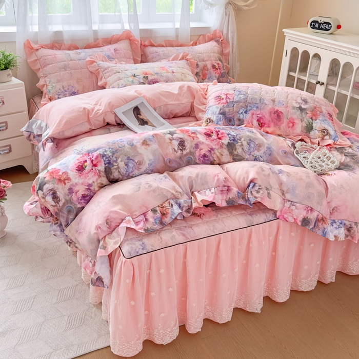 91家纺网 家纺一手货源 找家纺 （总）家之硕家纺 2025春夏新款鹿锦棉蕾丝花边夹棉四件套