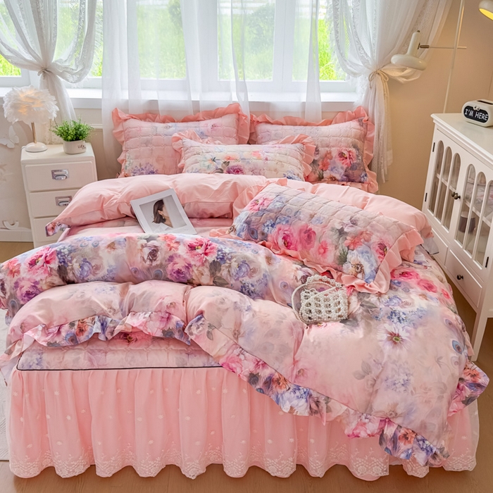 91家纺网 家纺一手货源 找家纺 （总）家之硕家纺 2025春夏新款鹿锦棉蕾丝花边夹棉四件套