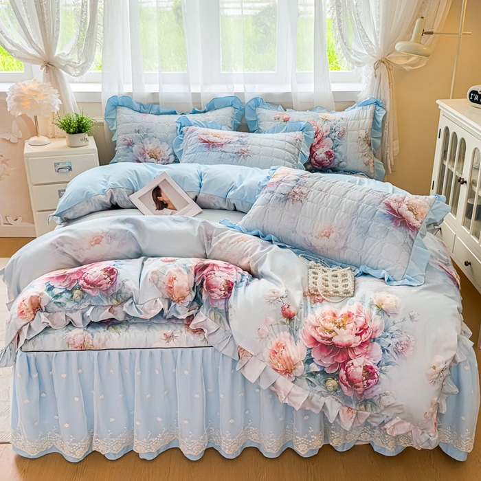 91家纺网 家纺一手货源 找家纺 （总）家之硕家纺 2025春夏新款鹿锦棉蕾丝花边夹棉四件套