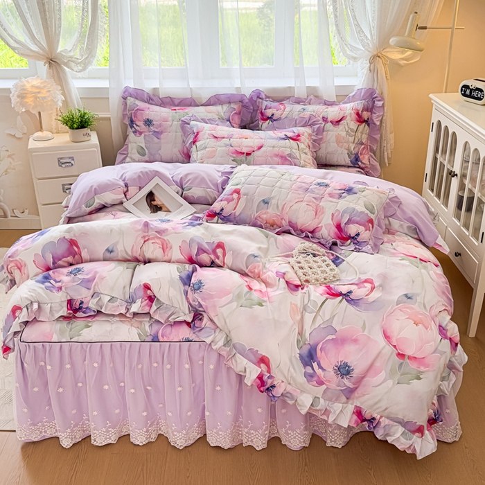 91家纺网 家纺一手货源 找家纺 （总）家之硕家纺 2025春夏新款鹿锦棉蕾丝花边夹棉四件套