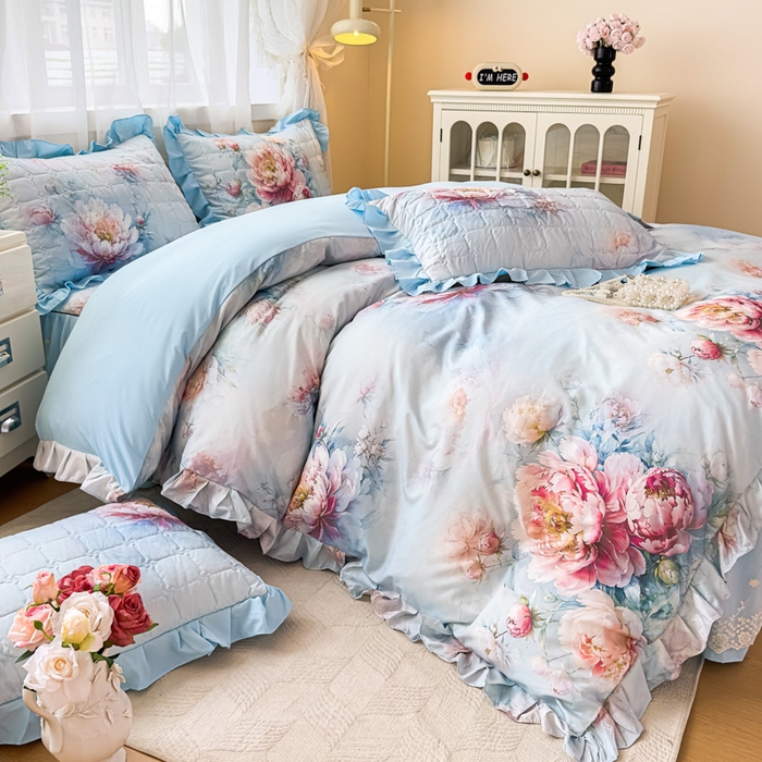 91家纺网 家纺一手货源 找家纺 家之硕家纺 2025春夏新款鹿锦棉蕾丝花边夹棉四件套 国色天香