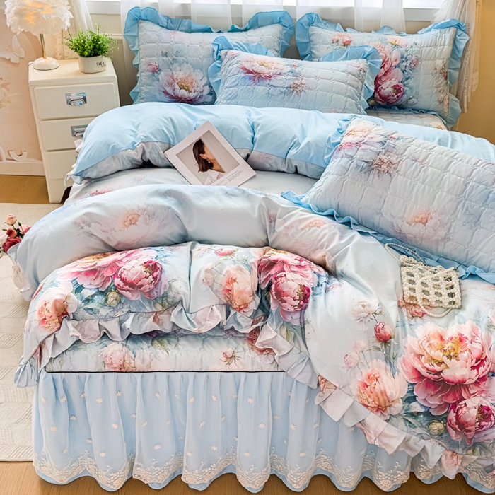 91家纺网 家纺一手货源 找家纺 家之硕家纺 2025春夏新款鹿锦棉蕾丝花边夹棉四件套 国色天香