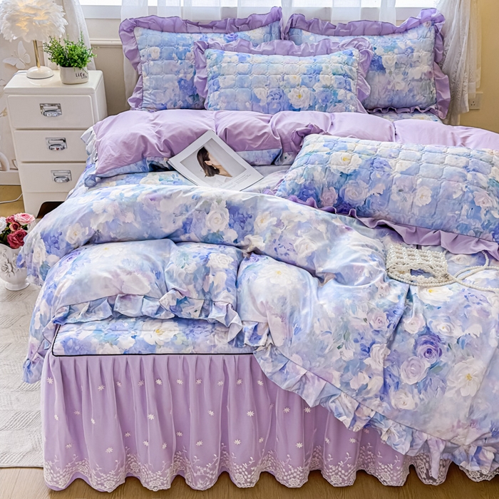 91家纺网 家纺一手货源 找家纺 家之硕家纺 2025春夏新款鹿锦棉蕾丝花边夹棉四件套 花香四溢