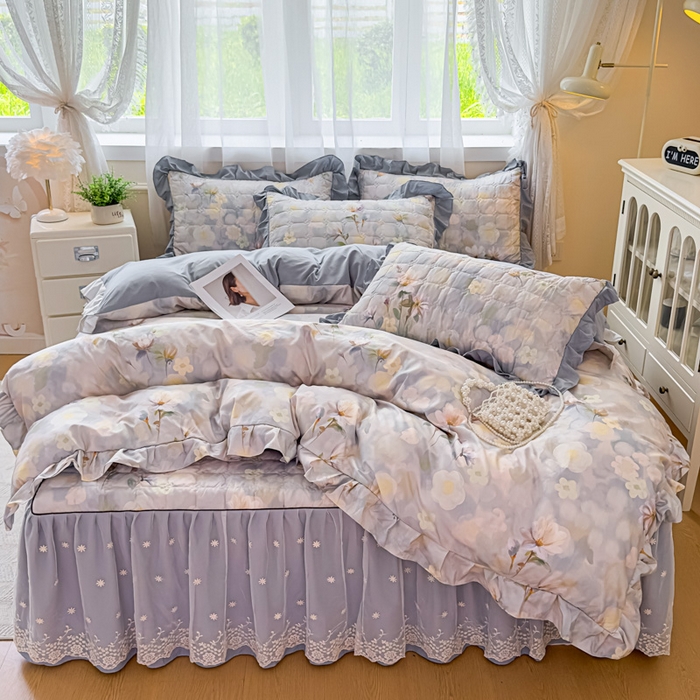 家之硕家纺 2025春夏新款鹿锦棉蕾丝花边夹棉四件套 静若繁花