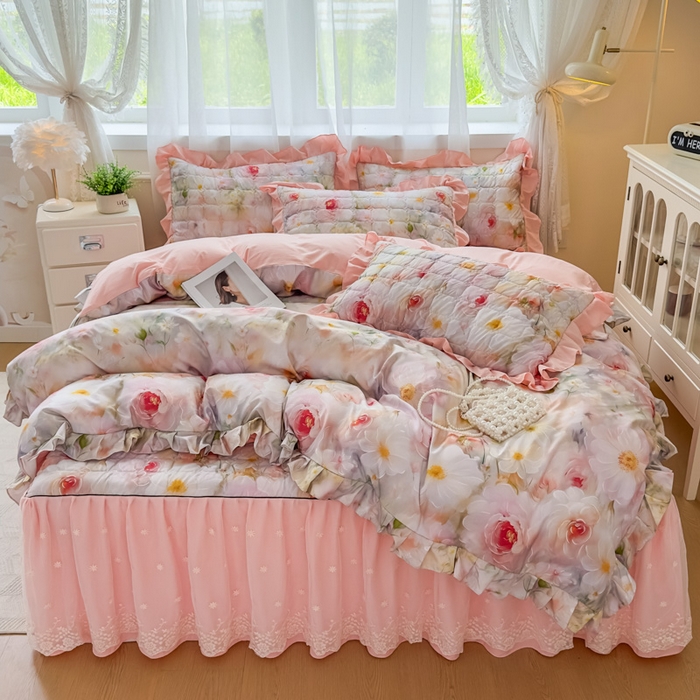 家之硕家纺 2025春夏新款鹿锦棉蕾丝花边夹棉四件套 洛香米