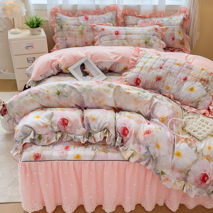 91家纺网 家纺一手货源 找家纺 家之硕家纺 2025春夏新款鹿锦棉蕾丝花边夹棉四件套 洛香米