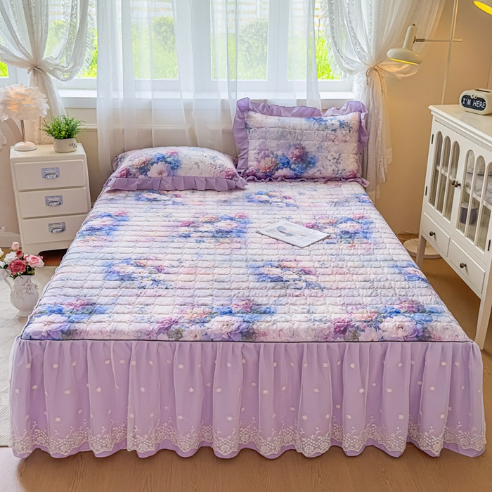 91家纺网 家纺一手货源 找家纺 家之硕家纺 2025春夏新款鹿锦棉蕾丝花边夹棉四件套 迷香