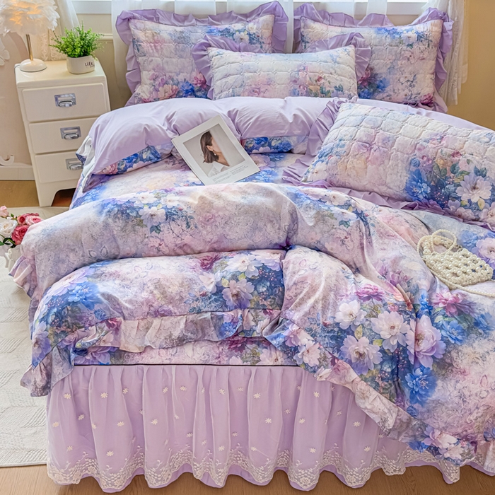 91家纺网 家纺一手货源 找家纺 家之硕家纺 2025春夏新款鹿锦棉蕾丝花边夹棉四件套 迷香