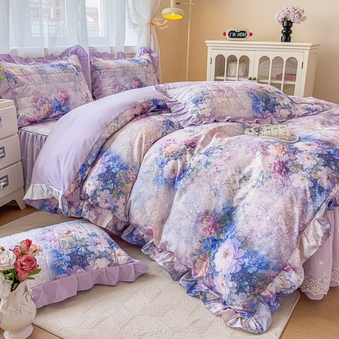 91家纺网 家纺一手货源 找家纺 家之硕家纺 2025春夏新款鹿锦棉蕾丝花边夹棉四件套 迷香