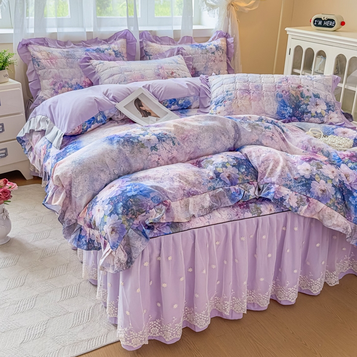 91家纺网 家纺一手货源 找家纺 家之硕家纺 2025春夏新款鹿锦棉蕾丝花边夹棉四件套 迷香