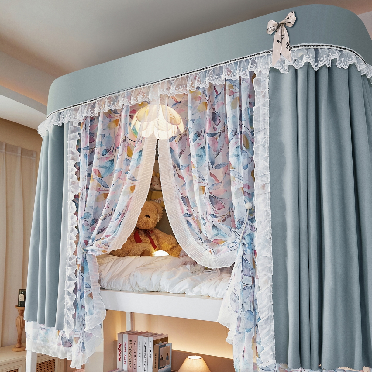 91家纺网 家纺一手货源 找家纺 （总）夏彩 2025新款学生新款雪纺蕾丝强遮光可升降U型轨道蚊帐