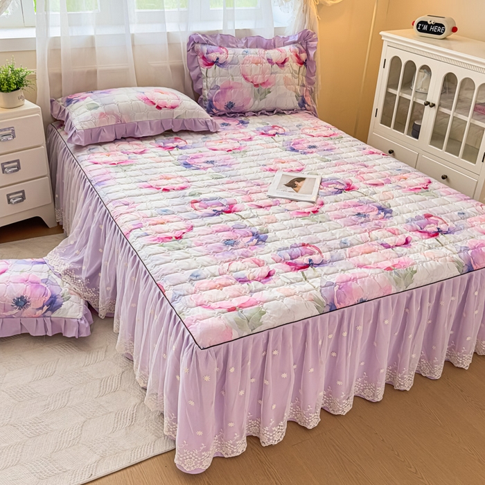 91家纺网 家纺一手货源 找家纺 家之硕家纺 2025春夏新款鹿锦棉蕾丝花边夹棉四件套 陌上花开