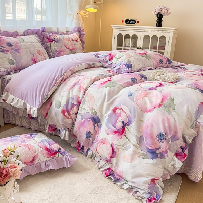 91家纺网 家纺一手货源 找家纺 家之硕家纺 2025春夏新款鹿锦棉蕾丝花边夹棉四件套 陌上花开