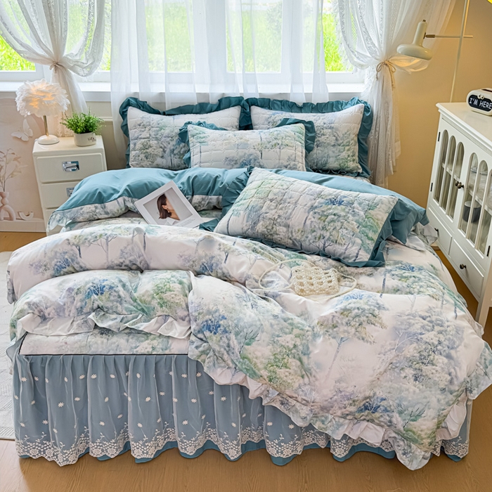 家之硕家纺 2025春夏新款鹿锦棉蕾丝花边夹棉四件套 叶间芳华