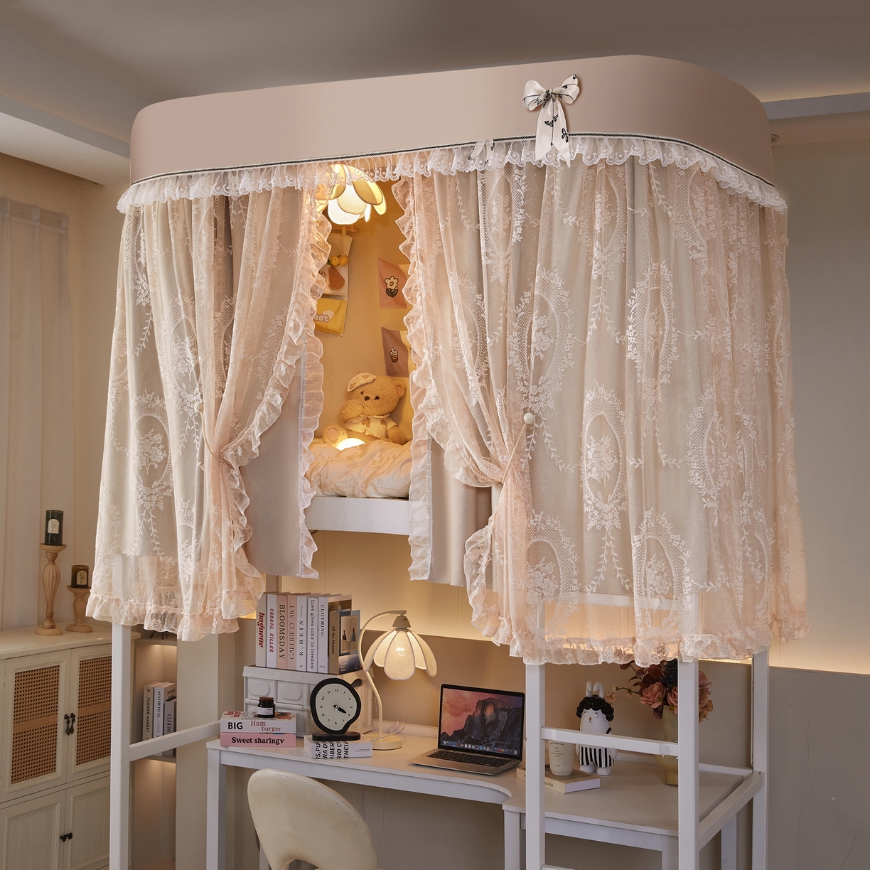 91家纺网 家纺一手货源 找家纺 （总）夏彩 2025新款学生新款雪纺蕾丝强遮光可升降U型轨道蚊帐