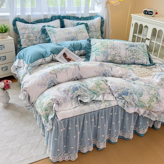 91家纺网 家纺一手货源 找家纺 家之硕家纺 2025春夏新款鹿锦棉蕾丝花边夹棉四件套 叶间芳华