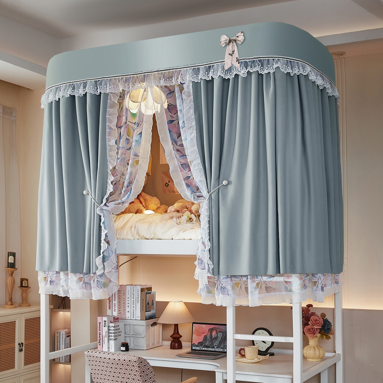 夏彩 2025新款学生新款雪纺蕾丝强遮光可升降U型轨道蚊帐 茶悦时光