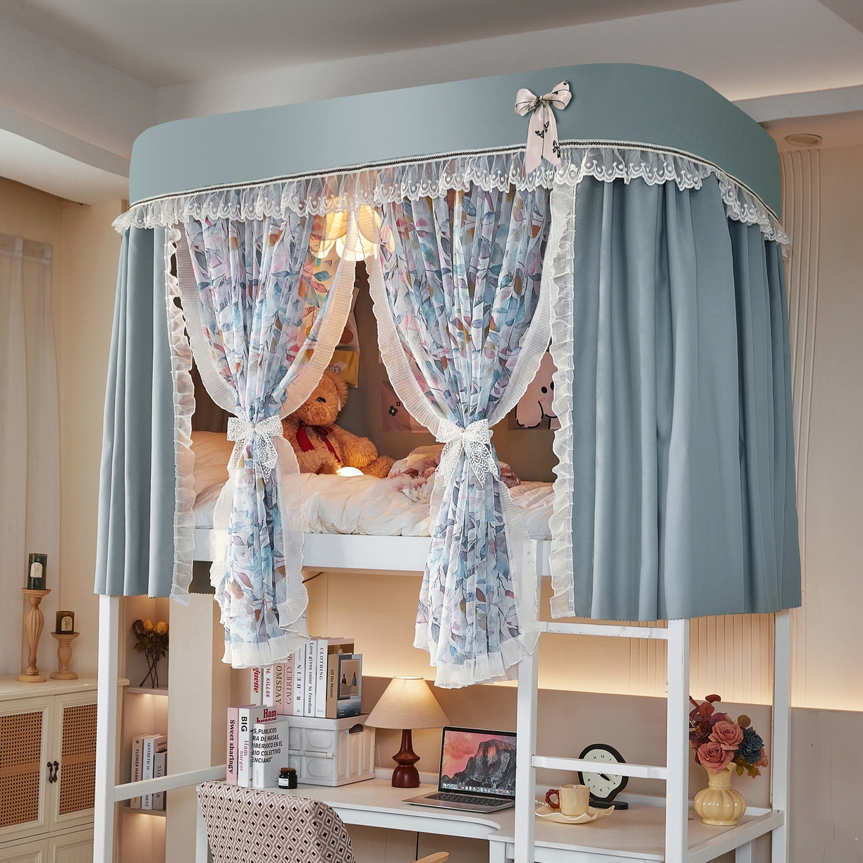 91家纺网 家纺一手货源 找家纺 夏彩 2025新款学生新款雪纺蕾丝强遮光可升降U型轨道蚊帐 茶悦时光