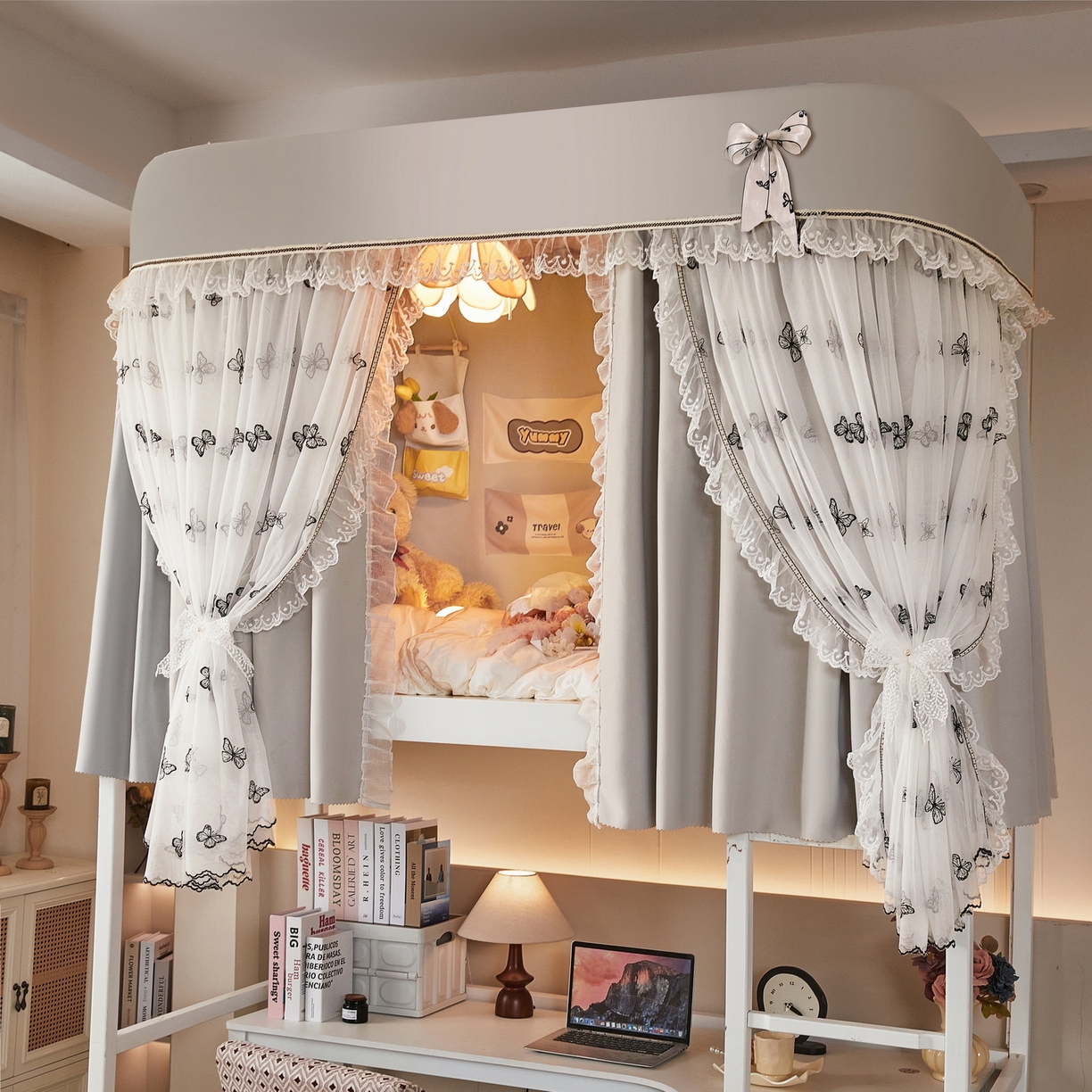 91家纺网 家纺一手货源 找家纺 夏彩 2025新款学生新款雪纺蕾丝强遮光可升降U型轨道蚊帐 蝴蝶花