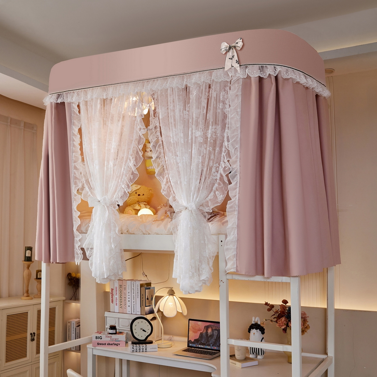 91家纺网 家纺一手货源 找家纺 夏彩 2025新款学生新款雪纺蕾丝强遮光可升降U型轨道蚊帐 花音