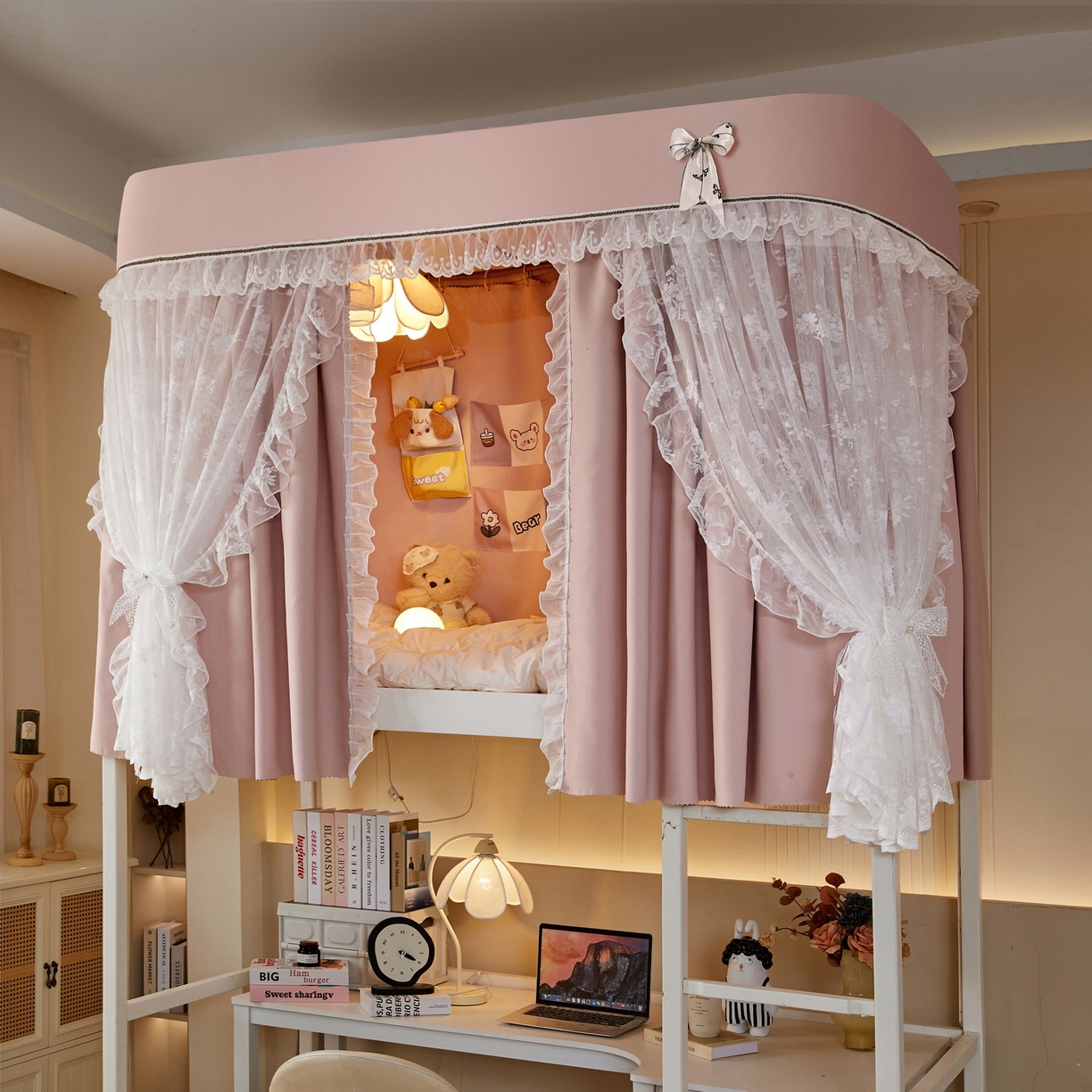 91家纺网 家纺一手货源 找家纺 夏彩 2025新款学生新款雪纺蕾丝强遮光可升降U型轨道蚊帐 花音