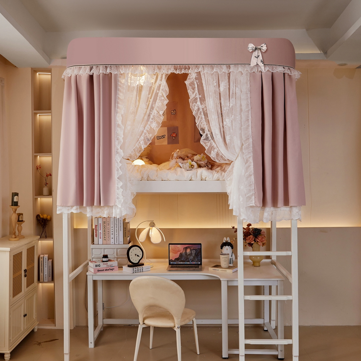 91家纺网 家纺一手货源 找家纺 夏彩 2025新款学生新款雪纺蕾丝强遮光可升降U型轨道蚊帐 花音