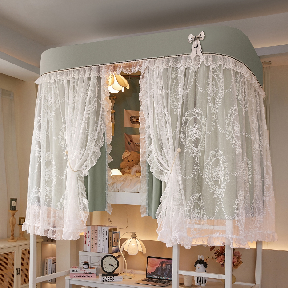 夏彩 2025新款学生新款雪纺蕾丝强遮光可升降U型轨道蚊帐 浪漫花语