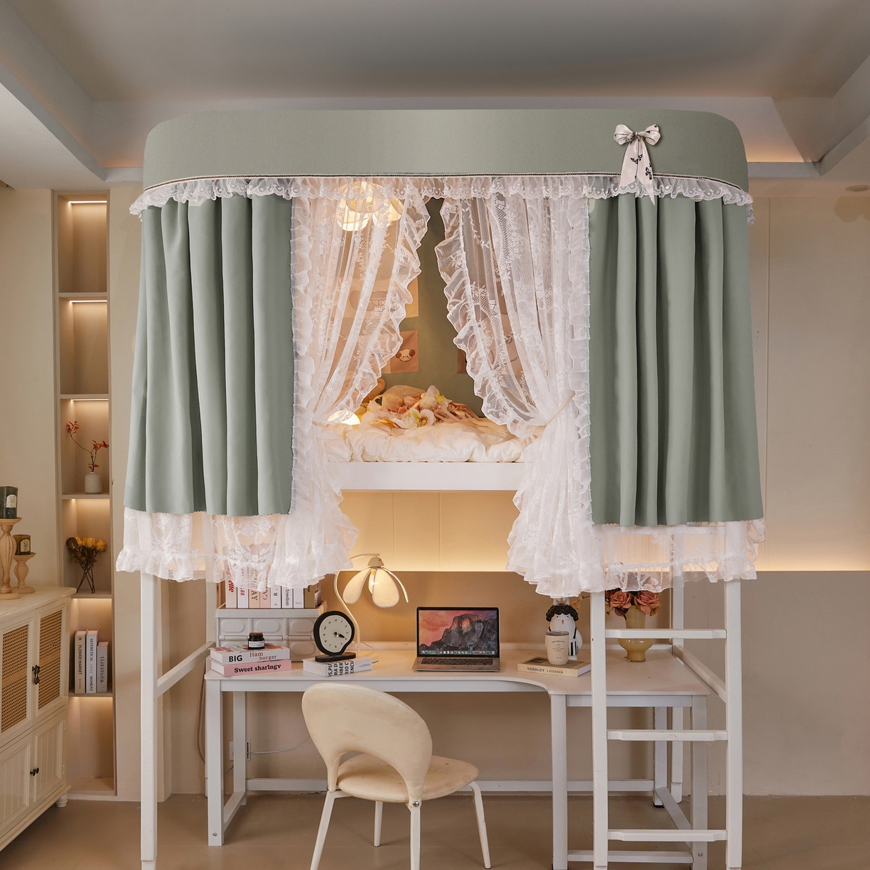 91家纺网 家纺一手货源 找家纺 夏彩 2025新款学生新款雪纺蕾丝强遮光可升降U型轨道蚊帐 浪漫花语