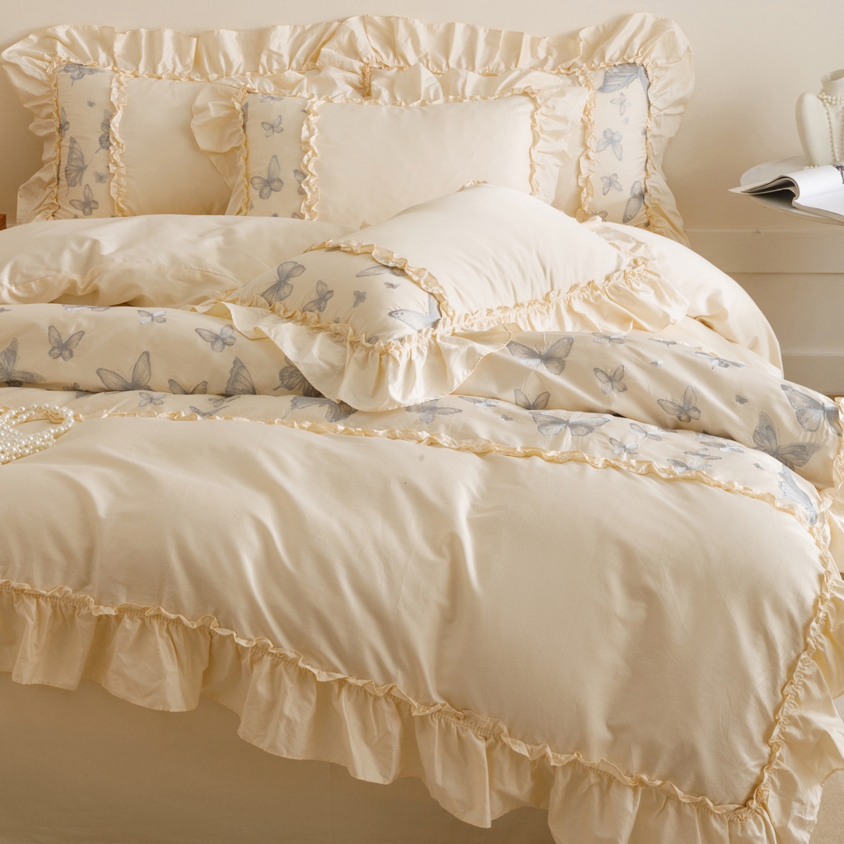 91家纺网 家纺一手货源 找家纺 沐棉家居 2025新款法式轻奢100支贡缎长绒棉四件套 轻舞