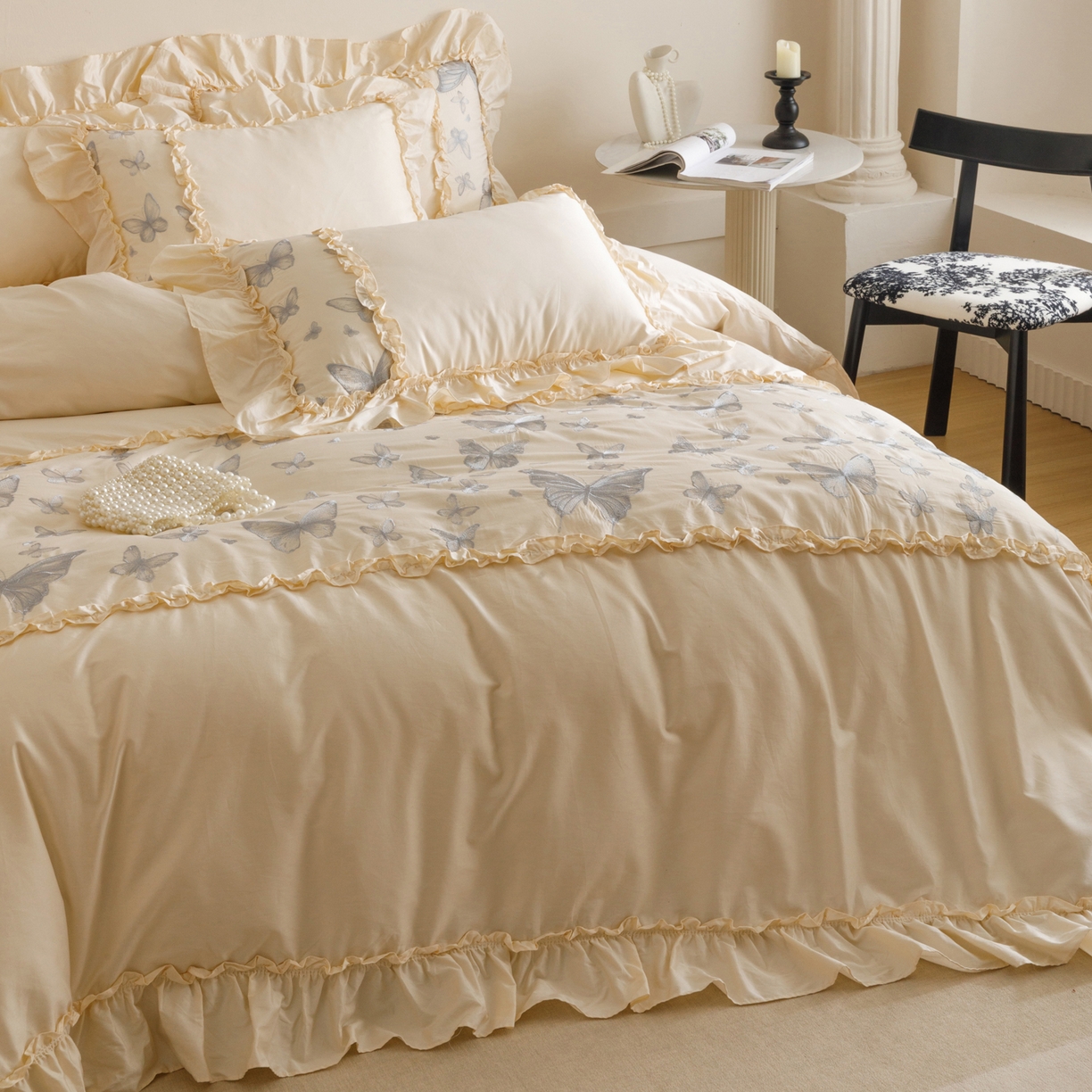 91家纺网 家纺一手货源 找家纺 沐棉家居 2025新款法式轻奢100支贡缎长绒棉四件套 轻舞