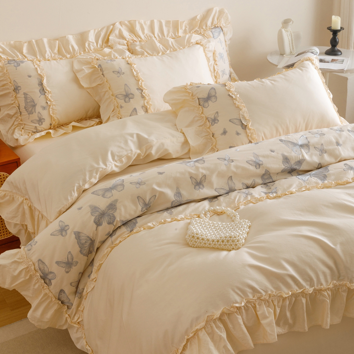 91家纺网 家纺一手货源 找家纺 沐棉家居 2025新款法式轻奢100支贡缎长绒棉四件套 轻舞