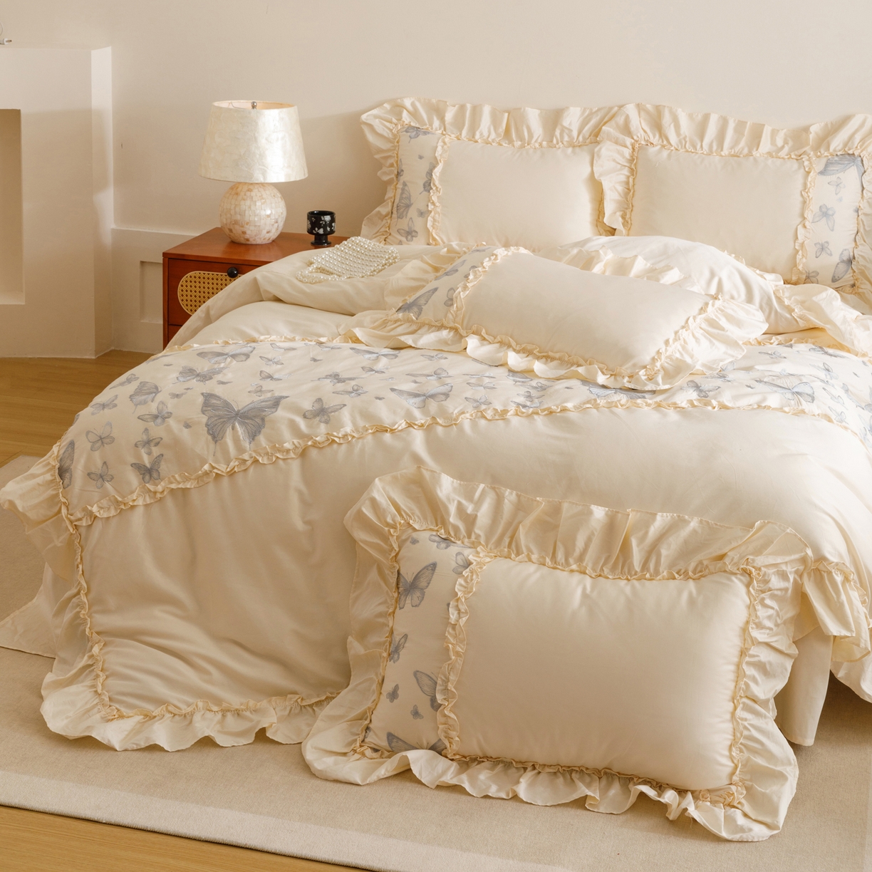 91家纺网 家纺一手货源 找家纺 沐棉家居 2025新款法式轻奢100支贡缎长绒棉四件套 轻舞