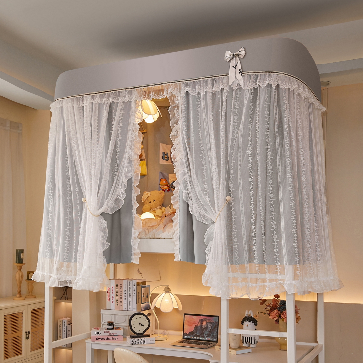 夏彩 2025新款学生新款雪纺蕾丝强遮光可升降U型轨道蚊帐 叶韵