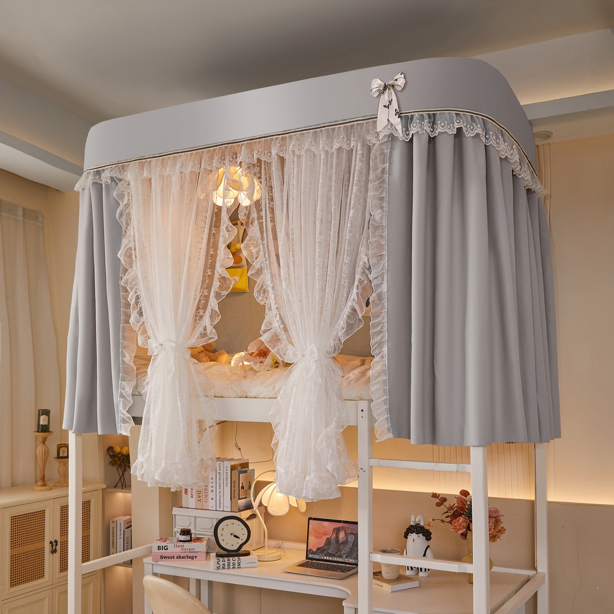 91家纺网 家纺一手货源 找家纺 夏彩 2025新款学生新款雪纺蕾丝强遮光可升降U型轨道蚊帐 叶韵