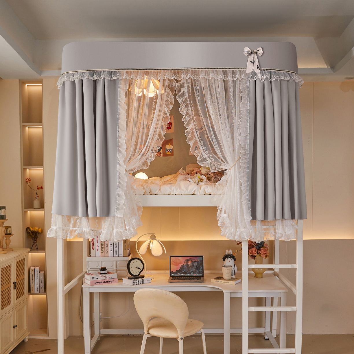 91家纺网 家纺一手货源 找家纺 夏彩 2025新款学生新款雪纺蕾丝强遮光可升降U型轨道蚊帐 叶韵