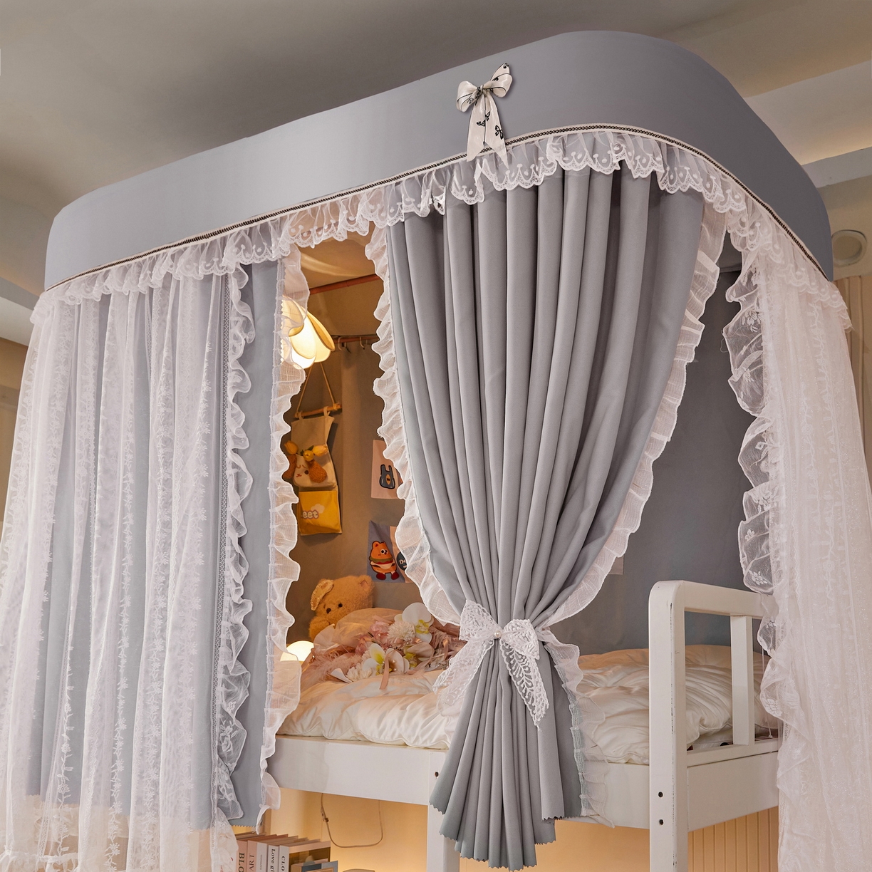 91家纺网 家纺一手货源 找家纺 夏彩 2025新款学生新款雪纺蕾丝强遮光可升降U型轨道蚊帐 叶韵