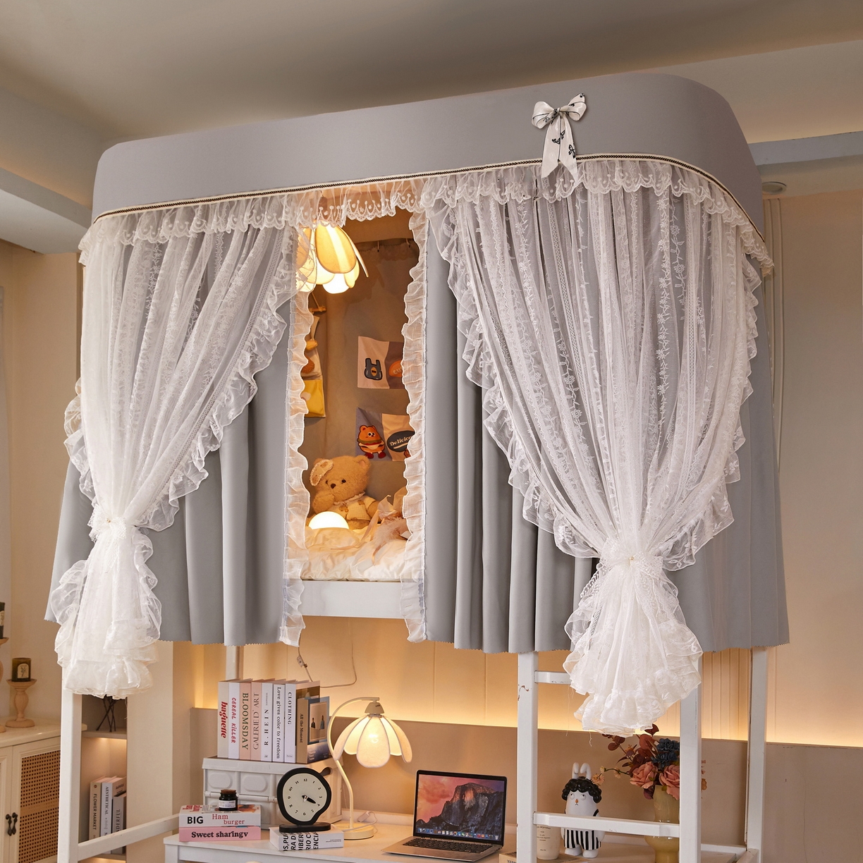 91家纺网 家纺一手货源 找家纺 夏彩 2025新款学生新款雪纺蕾丝强遮光可升降U型轨道蚊帐 叶韵