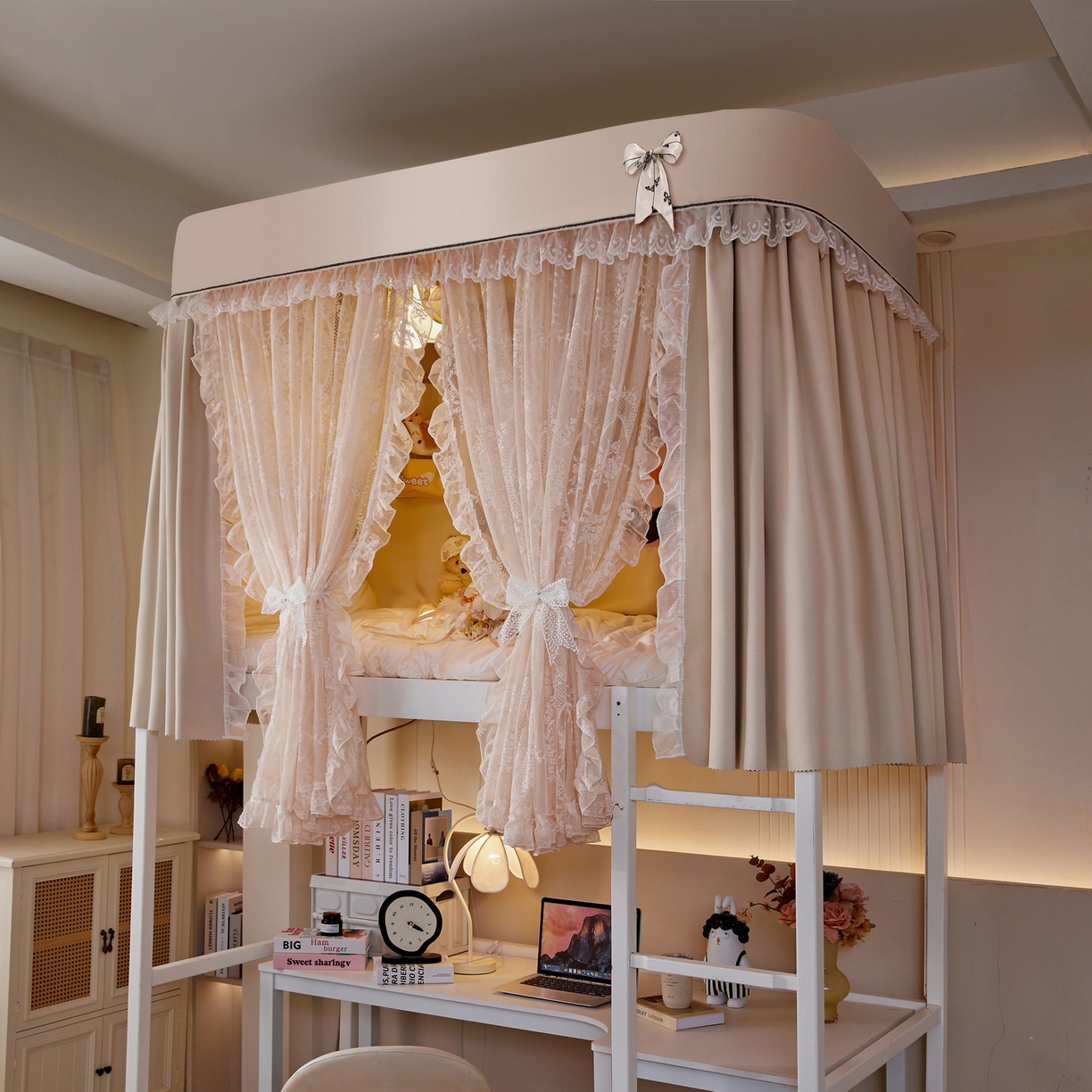 91家纺网 家纺一手货源 找家纺 夏彩 2025新款学生新款雪纺蕾丝强遮光可升降U型轨道蚊帐 悦色