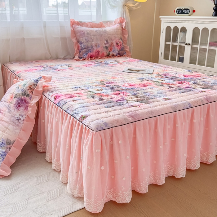 家之硕家纺 2025春夏新款鹿锦棉蕾丝花边夹棉床裙单床裙床裙单件 苍穹雀语